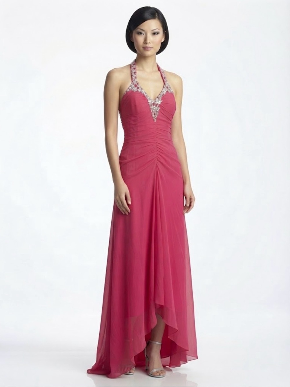 Tiffany Designs Fuchsia Silk Beaded Halter Prom Formal Evening Gown Size 2